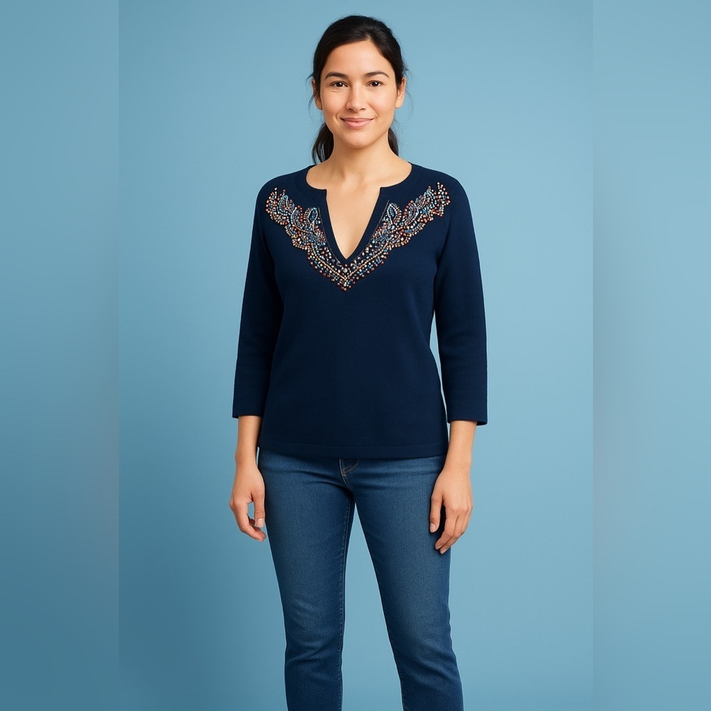 Anthropologie Moth Women’s Jeweled Beaded V-Neck Navy Sweater Size Small - Picture 3 of 14